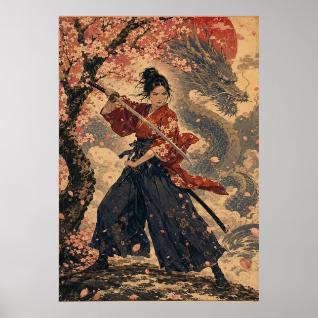  Japansk kvinna röd sol porträttaffisch  Poster (Framsidan)
