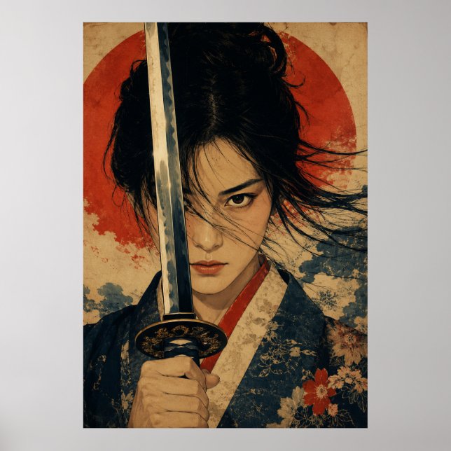  Japansk kvinna röd sol porträttaffisch  Poster (Framsidan)