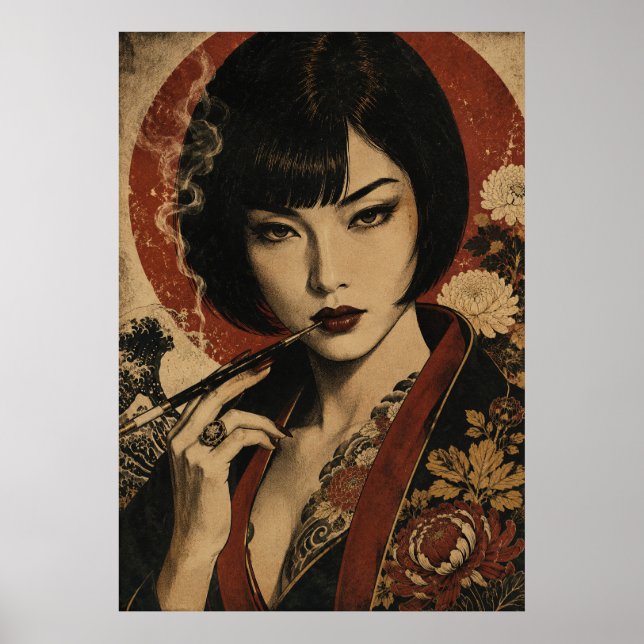  Japansk kvinna röd sol porträttaffisch  Poster (Framsidan)