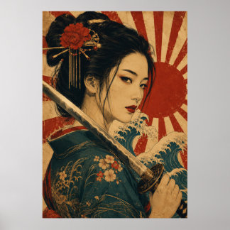 Japansk kvinna röd sol porträttaffisch Poster