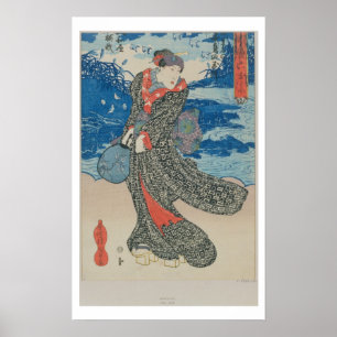 Japansk kvinna vid havet (träblock färg) poster