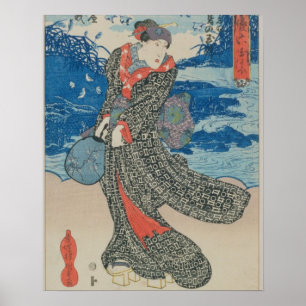 Japansk kvinna vid havet (träblock färg) poster