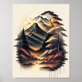 Japansk landskapsbläckteckning med vulkan poster