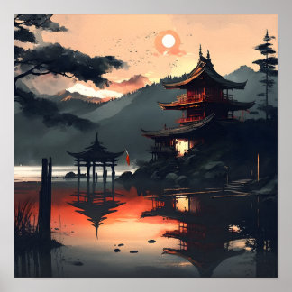 Japansk landskapskonst, genererad av Watercolor ai Poster