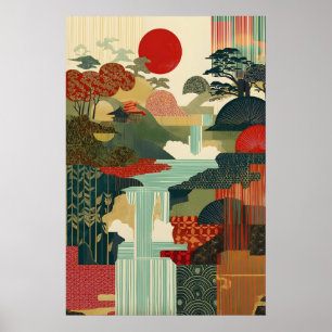 Japansk landskapsmotiv konsttryck röd sol, vattenf poster