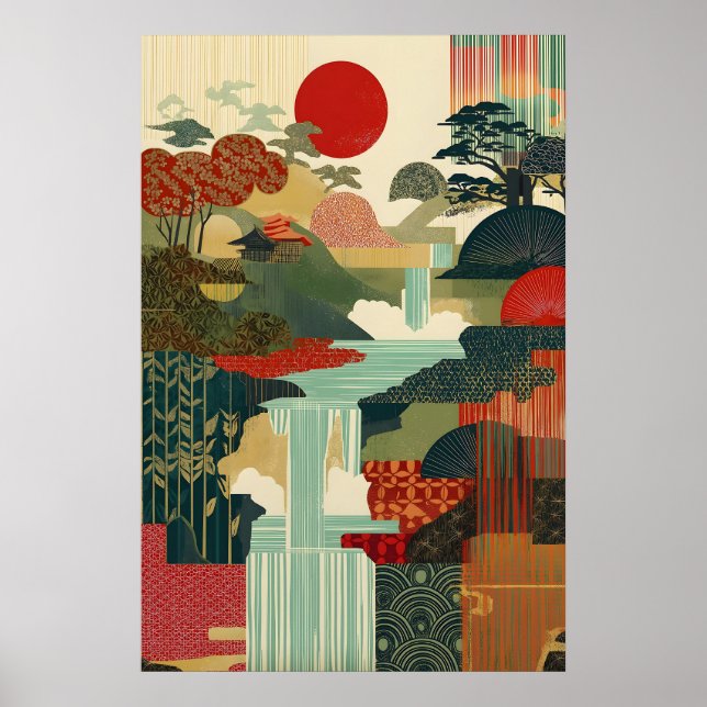 Japansk landskapsmotiv konsttryck röd sol, vattenf poster (Framsidan)