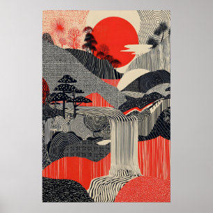 Japansk landskapsmotiv konsttryck röd sol vattenfa poster