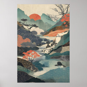 Japansk landskapsmotiv konsttryck vattenfall, röd poster