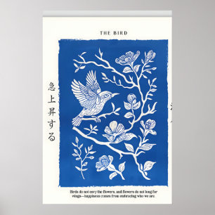 Japansk Linocut-fågeltryck Blommig Botanisk i Blå Poster