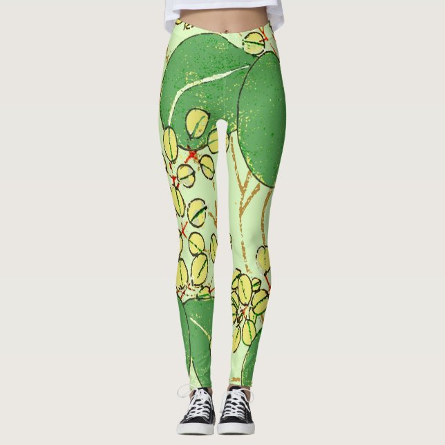 Japansk Löv Blommigt Botaniskt Art Mönster Leggings (Framsida)
