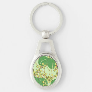Japansk Löv Blommigt Botaniskt Art Mönster Ovalt Silverfärgad Nyckelring
