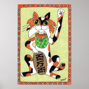 Japansk Lucky Calico Cat Maneki Neko Folk Art Poster