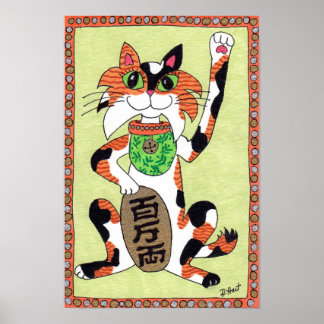 Japansk Lucky Calico Cat Maneki Neko Folk Art Poster