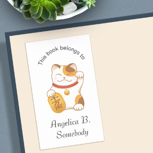 Japansk lucky Cat, Calico Maneki Neko Bookplate Rektangulärt Klistermärke