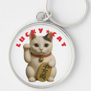 Japansk Lucky Cat Charm Rund Silverfärgad Nyckelring