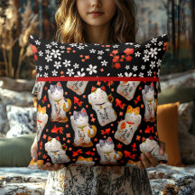 Japansk lucky Cat Red Black Pillow Japansk Decor