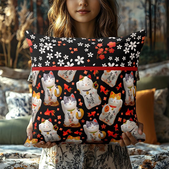 Japansk lucky Cat Red Black Pillow Japansk Decor Kudde (Skapare uppladdad)