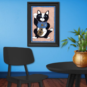 Japansk Lucky Tuxedo Cat Maneki Neko Folk Art Poster