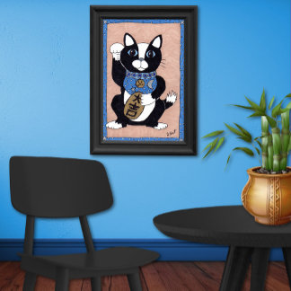 Japansk Lucky Tuxedo Cat Maneki Neko Folk Art Poster