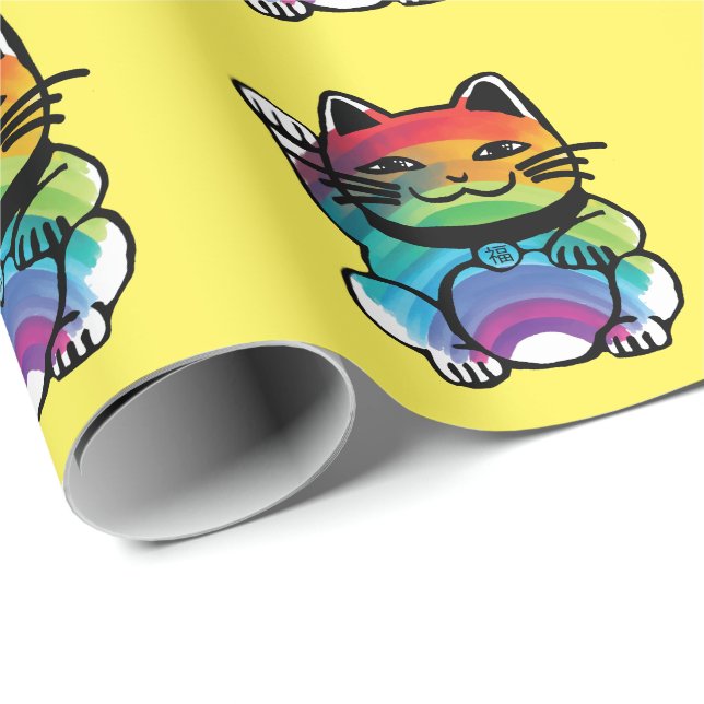 Japansk Lycka till-katt med regnbåge Presentpapper (Rullad Hörn)