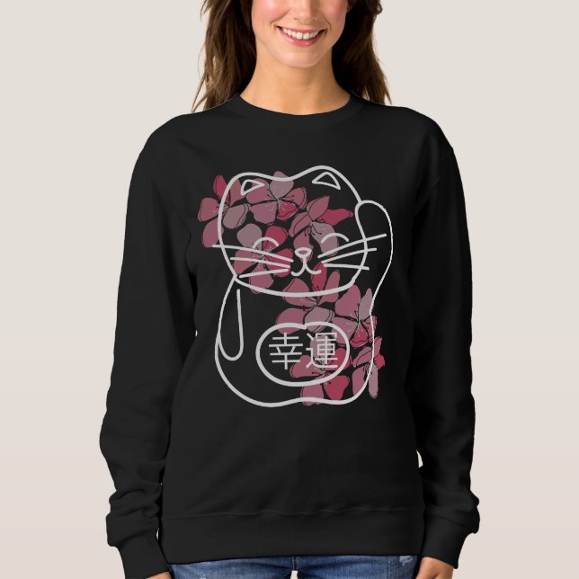 Japansk Lycka till-katt med rosa Sakura-blommor T Shirt (Framsida)