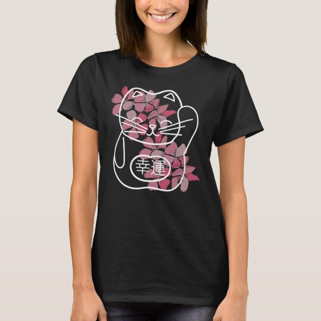 Japansk Lycka till-katt med rosa Sakura-blommor T Shirt (Framsida)