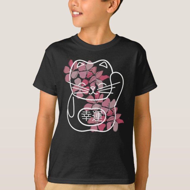 Japansk Lycka till-katt med rosa Sakura-blommor T Shirt (Framsida)