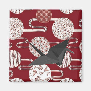 Japansk lyckad kran röd kimono mönster magnet