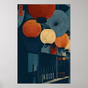 Japansk lyktaväggkonst - Grafisk nattmarknad Poster