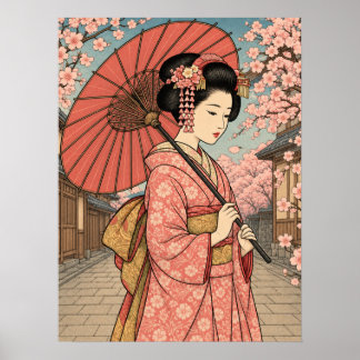 Japansk Maiko Körsbärsblomster Paraply Affisch