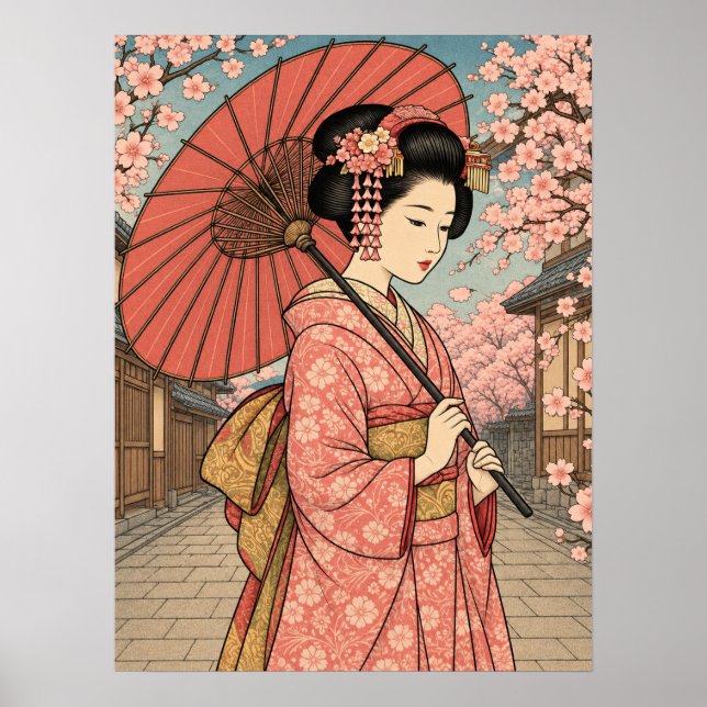 Japansk Maiko Körsbärsblomster Paraply Affisch (Framsidan)