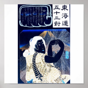 Japansk målning av kvinna och Mt. Fuji c. 1 800 Poster