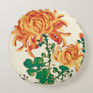 Japansk målning för vintage av Chrysanthemums Rund Kudde