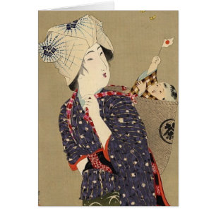 Japansk målning. Kvinna med bebiset C. 1909 Hälsningskort