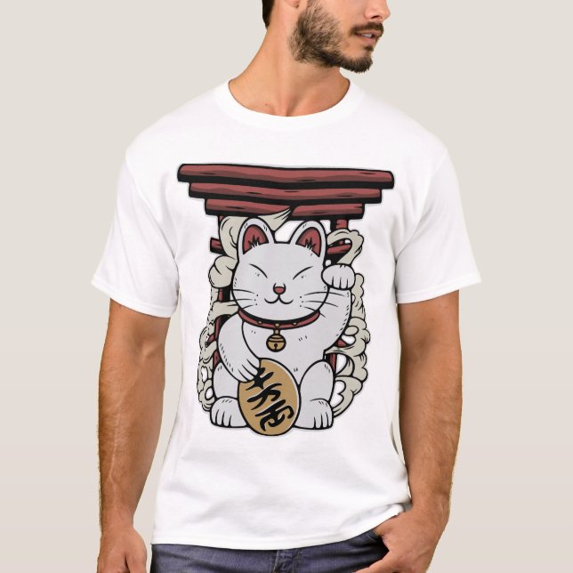 Japansk Maneki-Neko Lucky Cat T Shirt (Framsida)
