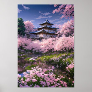 Japansk Mansion Embraced by Sakura Blommars Poster