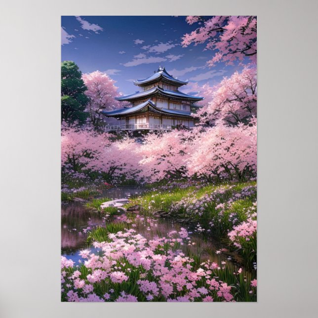 Japansk Mansion Embraced by Sakura Blommars Poster (Framsidan)