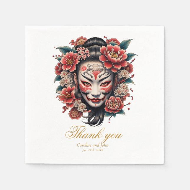 Japansk mask som dekoreras med blommor pappersservett (Framsidan)