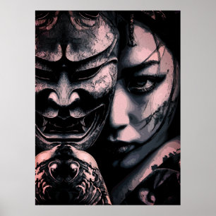 Japansk maskerad kvinna mörkt tatueringsrealistisk poster