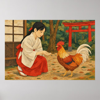 Japansk Miko och Tupp Chigiri-e Stil Affisch