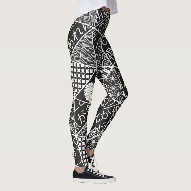 Japansk Modern Black White Patchwork Mönster Leggings (Höger)