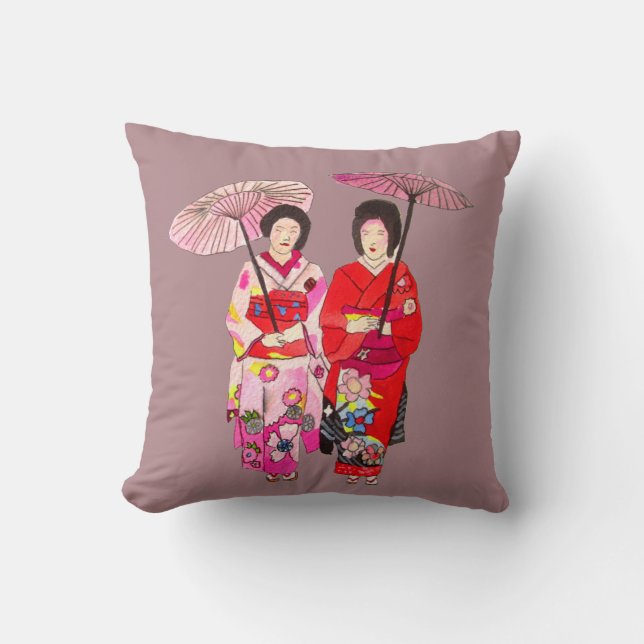 Japansk modern Geisha med rosa kimono och obi Kudde (Framsida)