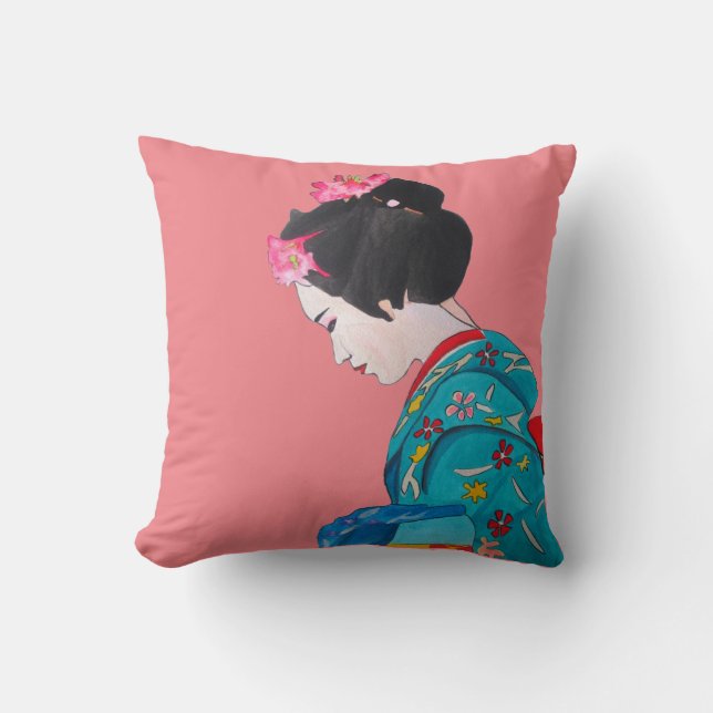 Japansk modern Geisha med rosa körsbärsblommar Kudde (Framsida)