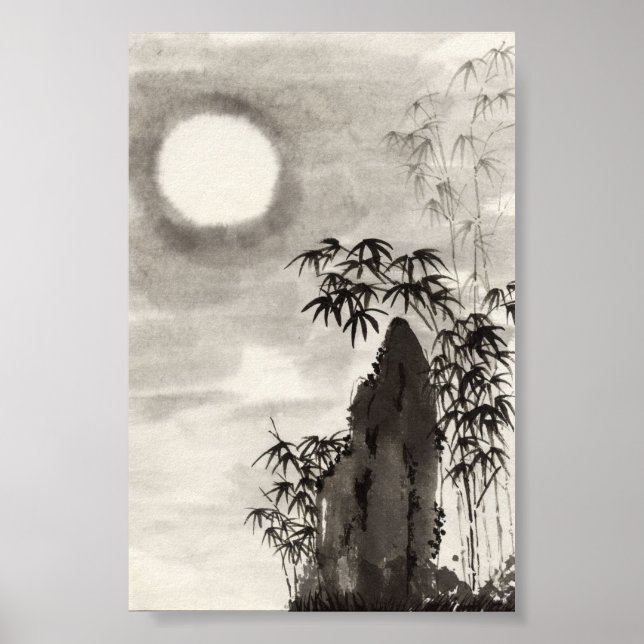 Japansk natt månlandskap sumi-e poster (Framsidan)