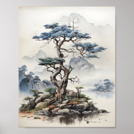 Japansk natur Bonsai Träd Art Illustration Poster
