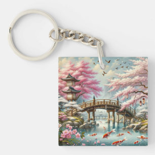 Japansk naturpark med Bridge, Koi och Sakura träd
