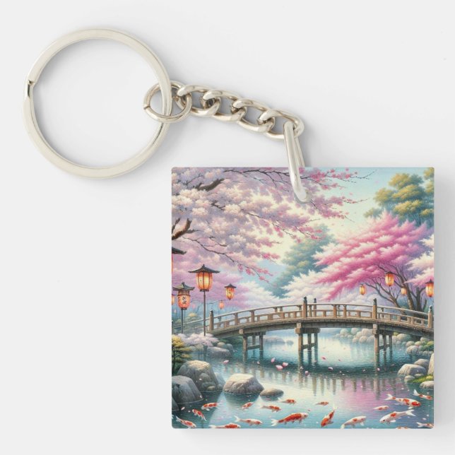 Japansk naturpark med Bridge, Koi och Sakura träd (Framsidan)