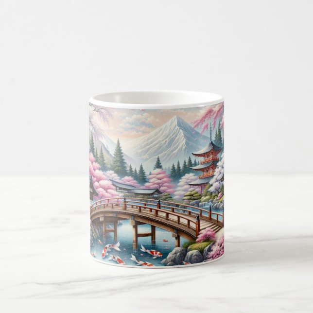 Japansk naturpark med Bridge, Koi och Sakura träd Kaffemugg (Center)