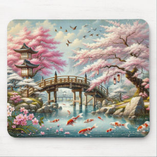 Japansk naturpark med Bridge, Koi och Sakura träd Musmatta