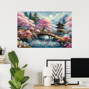 Japansk naturpark med Bridge, Koi och Sakura träd Poster